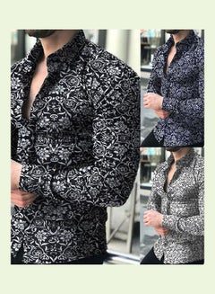 Generic Spring Autumn Business Men Fashion Floral Print Slim Fit Long Sleeve Shirt Black  - Image 2