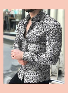 Generic Spring Autumn Business Men Fashion Floral Print Slim Fit Long Sleeve Shirt Black  - Image 4