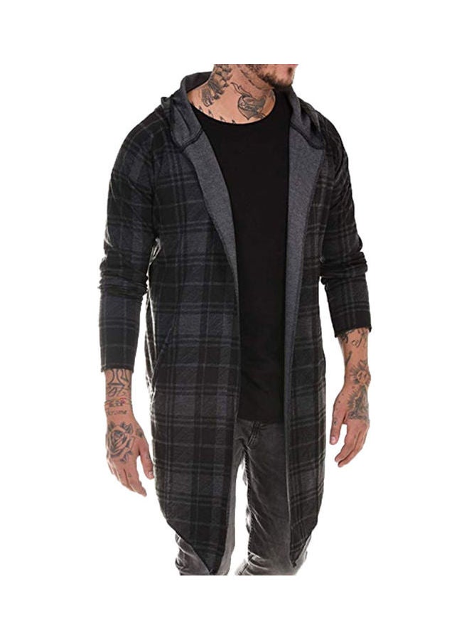 Autumn Fashion Men Plaid Print Long Sleeve Causal Hooded Shirt Coat Outwear Dark Gray