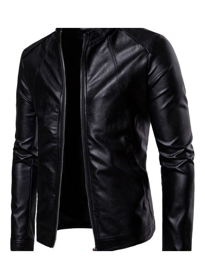 Men Faux Leather Solid Colour Stand Collar Long Sleeve Zip Motorcycle Jacket Black  - Image 4