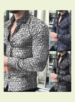 Generic Spring Autumn Business Men Fashion Floral Print Slim Fit Long Sleeve Shirt Black  - Image 3