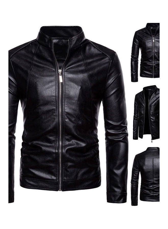Men Faux Leather Solid Colour Stand Collar Long Sleeve Zip Motorcycle Jacket Black  - Image 2