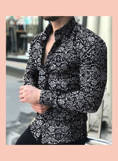 Generic Spring Autumn Business Men Fashion Floral Print Slim Fit Long Sleeve Shirt Black  - Image 5