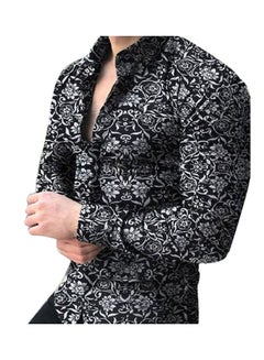 Generic Spring Autumn Business Men Fashion Floral Print Slim Fit Long Sleeve Shirt Black  - Image 1