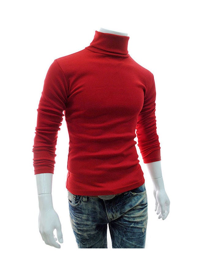 Turtle Neck Cotton Pullover Sweater Red 