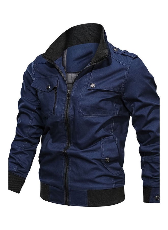 Generic - Long Sleeve Stand Collar Jacket Dark Blue - Image 1