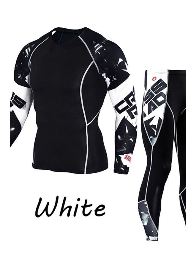 2pcs/Set Men Printed Tracksuit Compression Shirt Pants Workout Rashguard Tights White  - Image 3