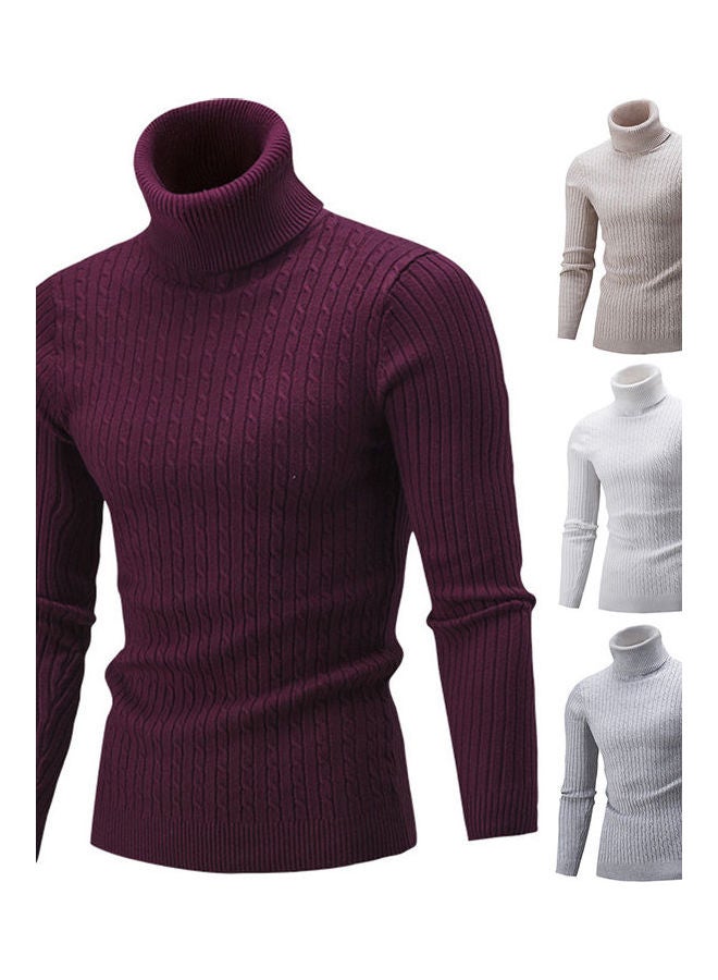 Winter Chic Men Solid Colour Turtleneck Long Sleeve Knitted Sweater Wine Red - Image 2