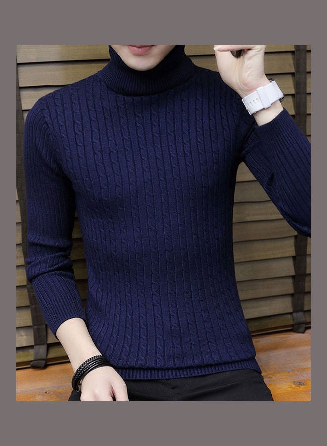 Winter Chic Men Solid Colour Turtleneck Long Sleeve Knitted Sweater Navy Blue - Image 2