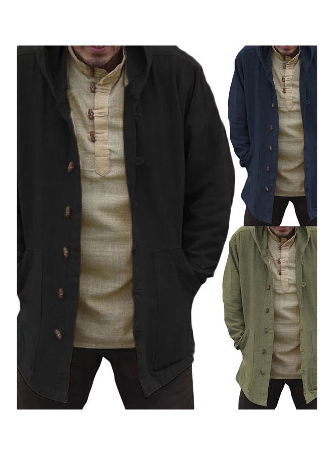 Vintage Plus Size Men Solid Colour Line Long Sleeve Hooded Coat Loose Outwear Navy Blue - Image 2