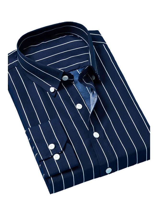 Fashion Vertical Stripes Men Spring Autumn Long Sleeve Business Casual Shirt Top Navy Blue