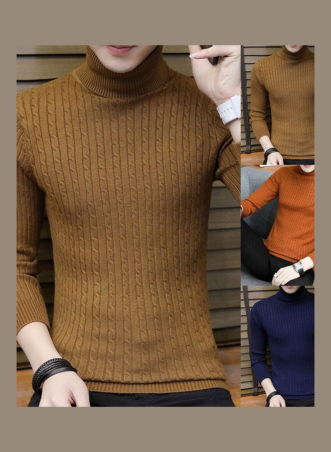 Winter Chic Men Solid Colour Turtleneck Long Sleeve Knitted Sweater Coffee - Image 2