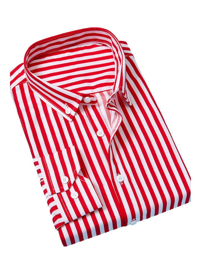 Fashion Vertical Stripes Men Spring Autumn Long Sleeve Business Casual Shirt Top Red and White - Image 1
