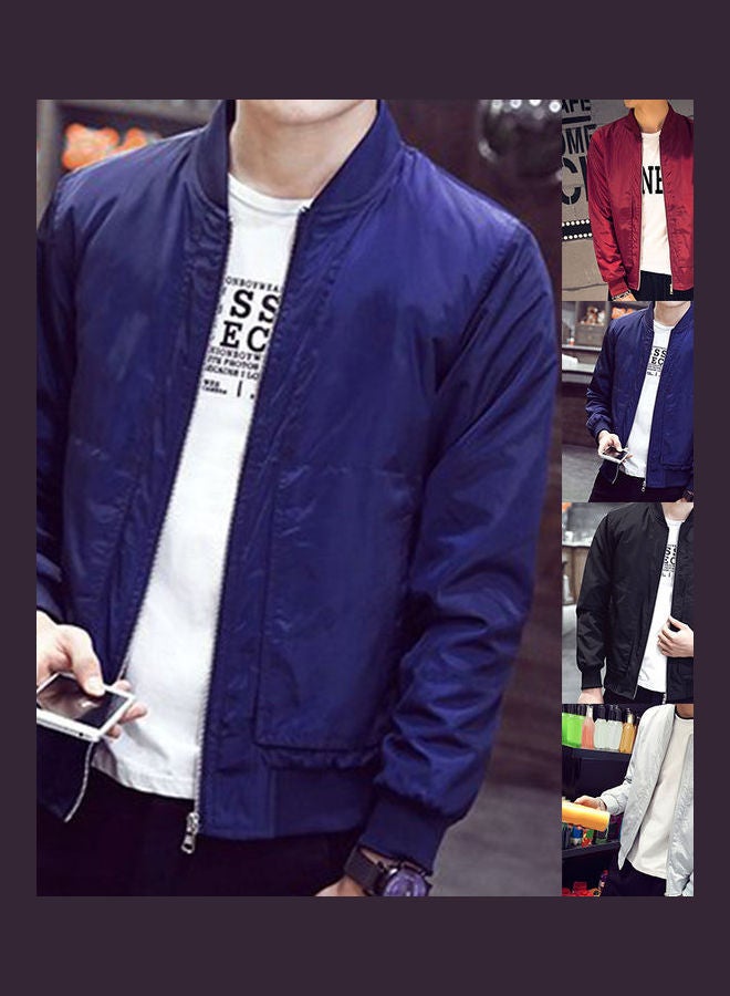 Generic - Men Solid Colour Zipper Slim Fit Long Sleeve Pocket Coat Jacket Blue - Image 1