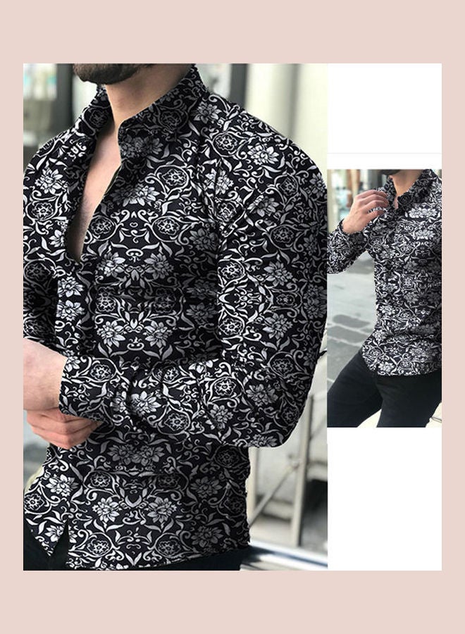 Fashion Men Floral Print Slim Fit Long Sleeve Button Turn Down Collar Shirt Top Black  - Image 3