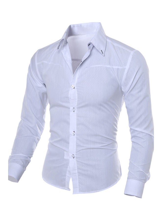 Men Fashion Solid Colour Turn Down Collar Long Sleeve Slim Fit Blouse Shirt Top White - Image 1