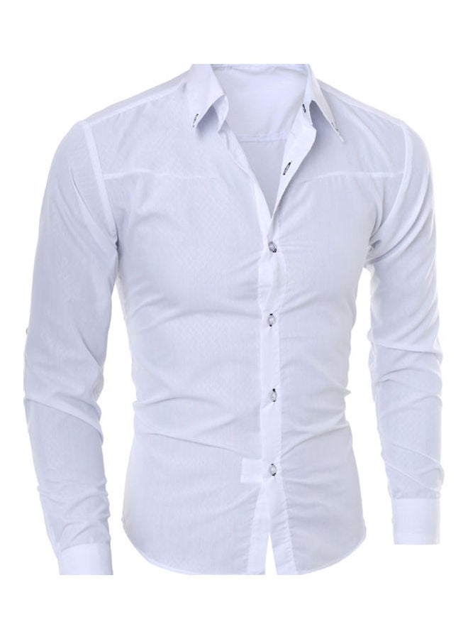Men Fashion Solid Colour Turn Down Collar Long Sleeve Slim Fit Blouse Shirt Top White - Image 2