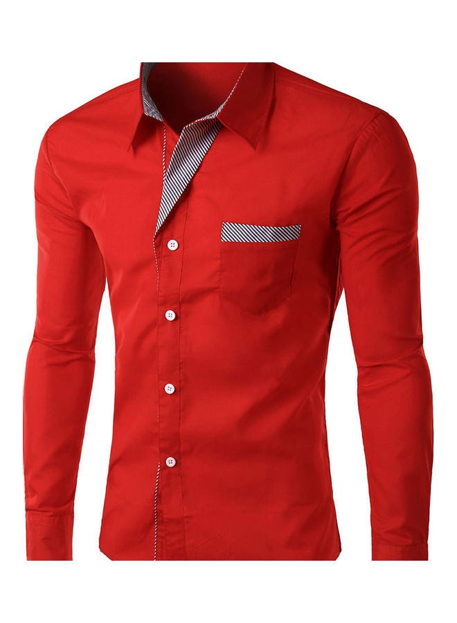 Men Colour Block Stripe Slim Fit Long Sleeve Button Turn Down Collar Shirt Top Wine Red  - Image 1