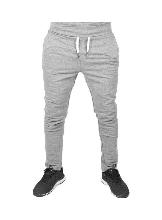 Men Solid Colour Sweatpants Elastic Drawstring Trousers Sport Joggers Bottoms Light Gray  - Image 1