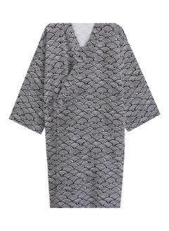 Men Fashion Printing Kimono Robe Sleepwear Nightgown Loose Mid Length Bathrobe Black
