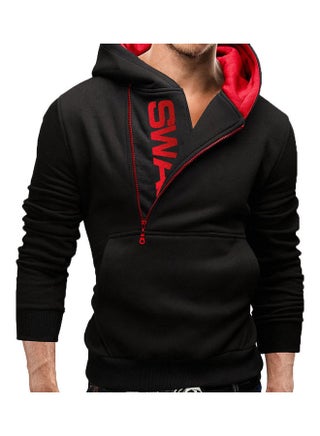 Sports Men Plus Size Slant Zipper Letter Hoodies Long Sleeve Hooded Sweatshirt Black+Red - v1607457086/N42818982V_1
