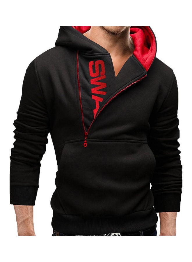 Sports Men Plus Size Slant Zipper Letter Hoodies Long Sleeve Hooded Sweatshirt Black+Red 