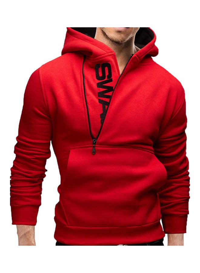 Sports Men Plus Size Slant Zipper Letter Hoodies Long Sleeve Hooded Sweatshirt Red