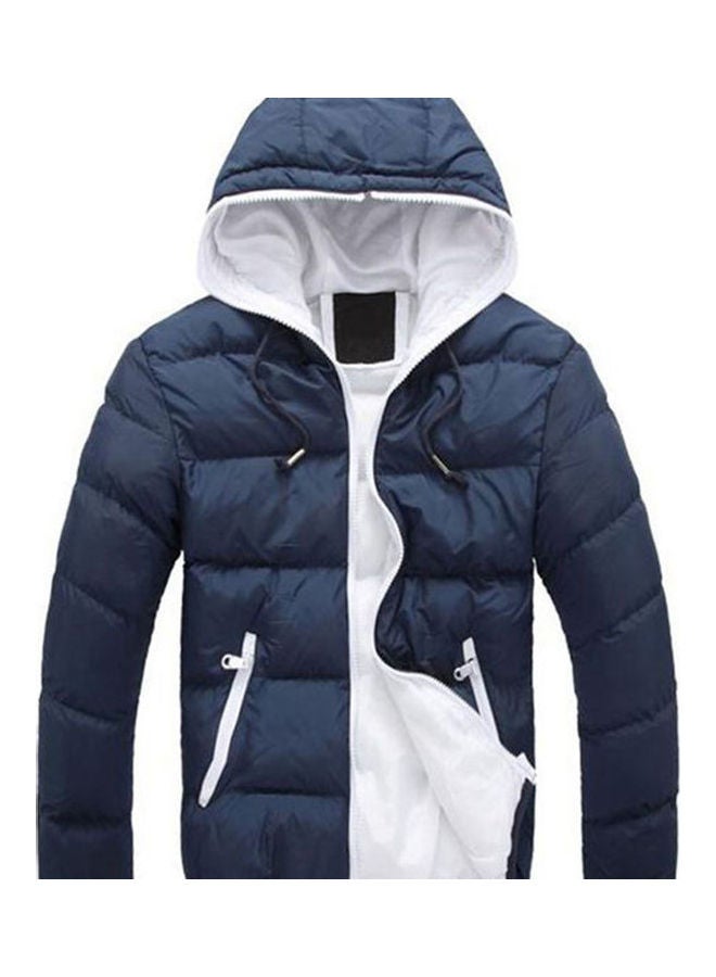 Men Colour Block Zipper Hooded Cotton Padded Coat Slim Fit Thicken Outwear Jacket Dark Blue + White