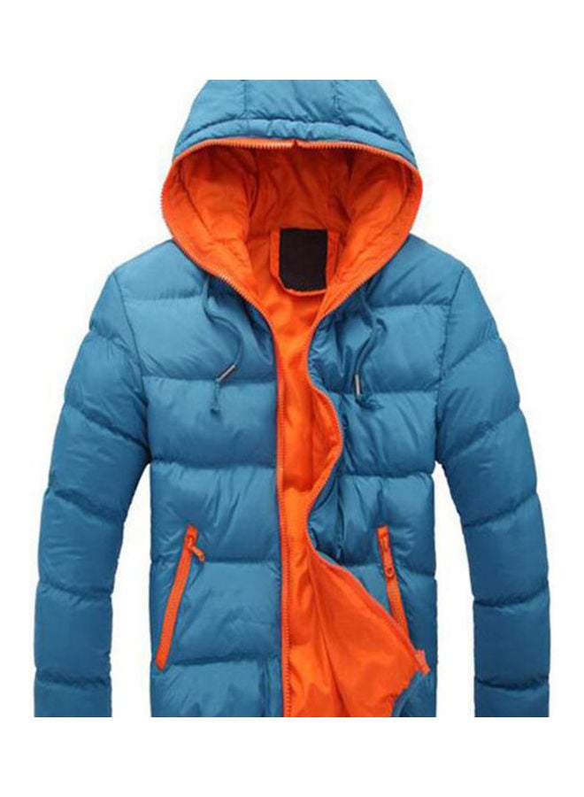 Men Colour Block Zipper Hooded Cotton Padded Coat Slim Fit Thicken Outwear Jacket Blue + Orange