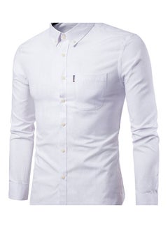 Generic Men Solid Colour Turn Down Collar Long Sleeve Shirt Slim Button Pocket Work Top White 