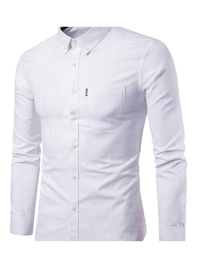 Men Solid Colour Turn Down Collar Long Sleeve Shirt Slim Button Pocket Work Top White 