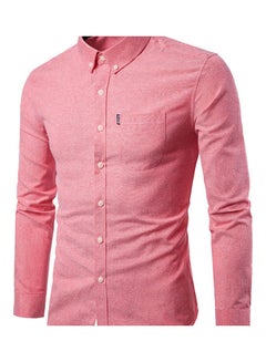 Generic Men Solid Colour Turn Down Collar Long Sleeve Shirt Slim Button Pocket Work Top Watermelon Red 