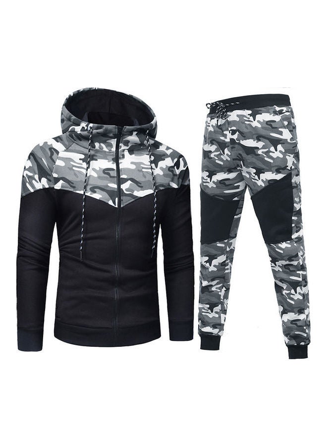 Chic Men Camouflage Print Casual Sport Zipper Hooded Coat Pants Suit Tracksuit Black + Light Gray  - Image 1