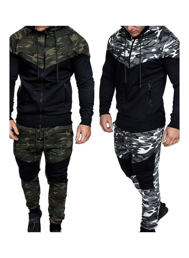 Chic Men Camouflage Print Casual Sport Zipper Hooded Coat Pants Suit Tracksuit Black + Light Gray  - Image 2