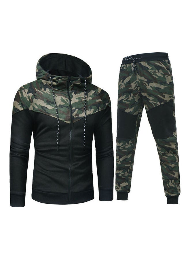 Chic Men Camouflage Print Casual Sport Zipper Hooded Coat Pants Suit Tracksuit Black + Army Green - Image 1