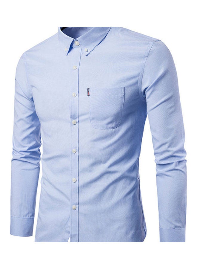قميص رجالي ضيق للعمل بأكمام طويلة وجيب وياقة مثنية، سادة اللون أزرق كحلي - Image 3