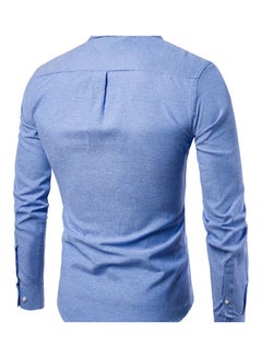 Generic Men Solid Colour Turn Down Collar Long Sleeve Shirt Slim Button Pocket Work Top Navy Blue  - Image 2
