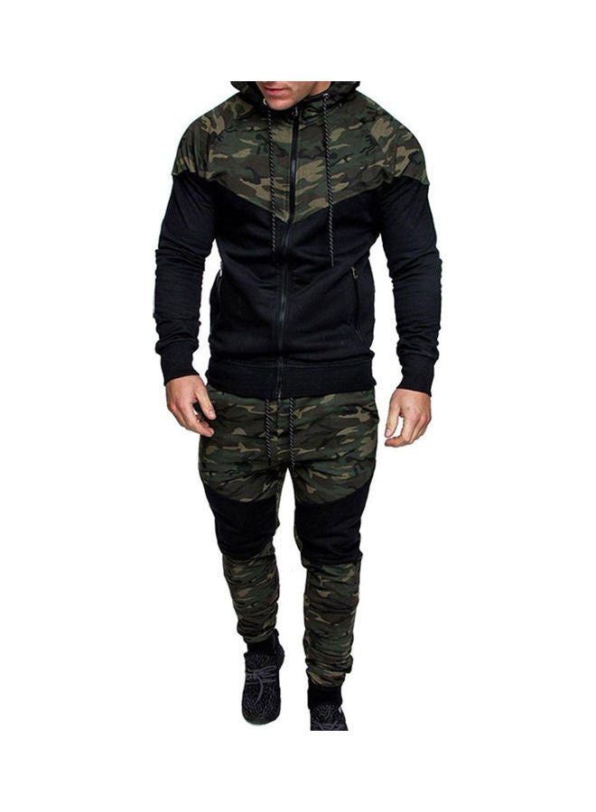 Chic Men Camouflage Print Casual Sport Zipper Hooded Coat Pants Suit Tracksuit Black + Army Green - Image 2