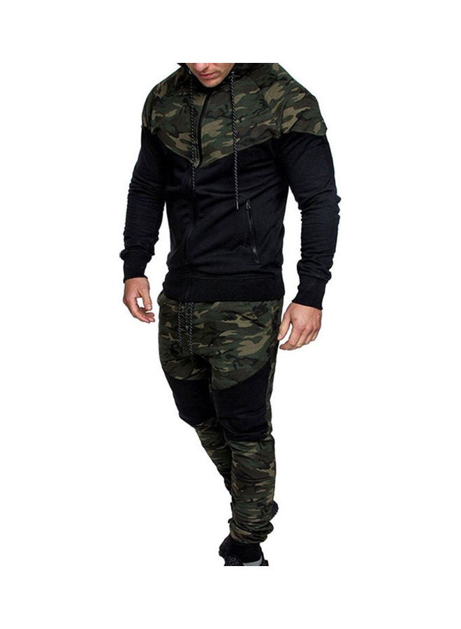 Chic Men Camouflage Print Casual Sport Zipper Hooded Coat Pants Suit Tracksuit Black + Army Green - Image 3