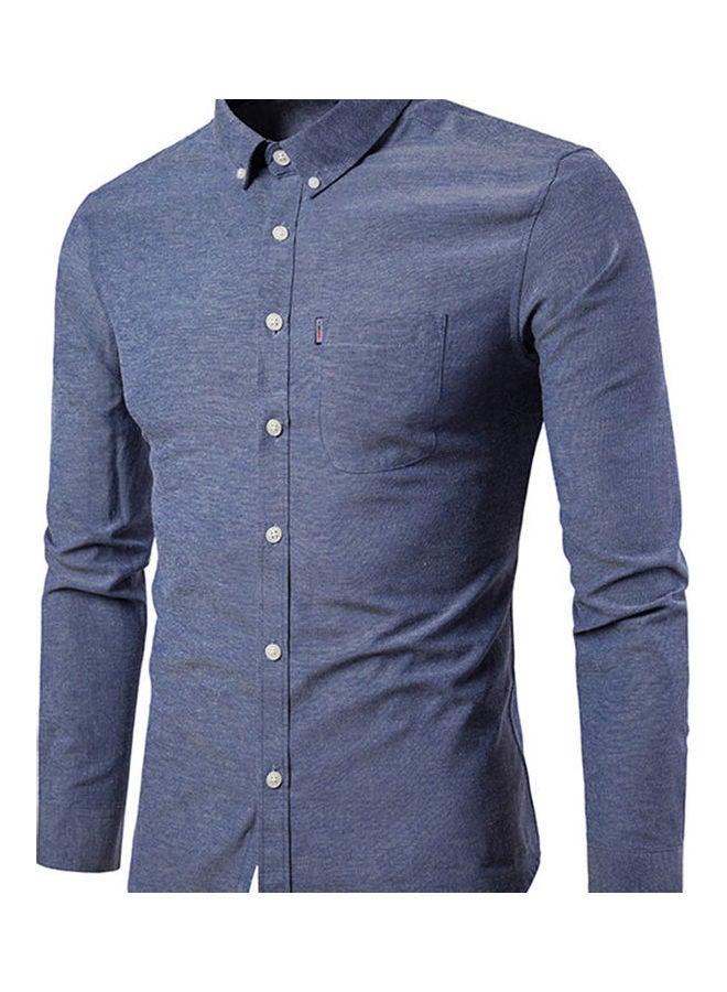 Men Solid Colour Turn Down Collar Long Sleeve Shirt Slim Button Pocket Work Top Gray  - Image 1