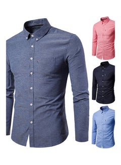 Generic Men Solid Colour Turn Down Collar Long Sleeve Shirt Slim Button Pocket Work Top Gray  - Image 3