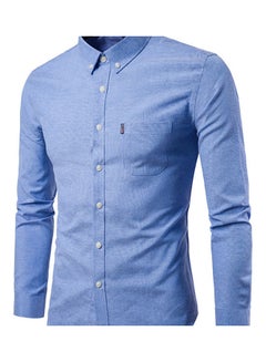 Generic Men Solid Colour Turn Down Collar Long Sleeve Shirt Slim Button Pocket Work Top Gray  - Image 5