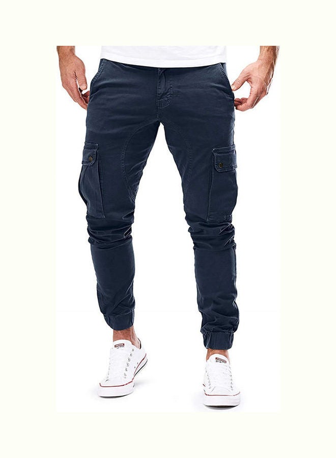 Men Fashion Elasticated Slim Fit Casual Multi-Pocket Long Sport Jeans Work Pants Navy Blue  - Image 1