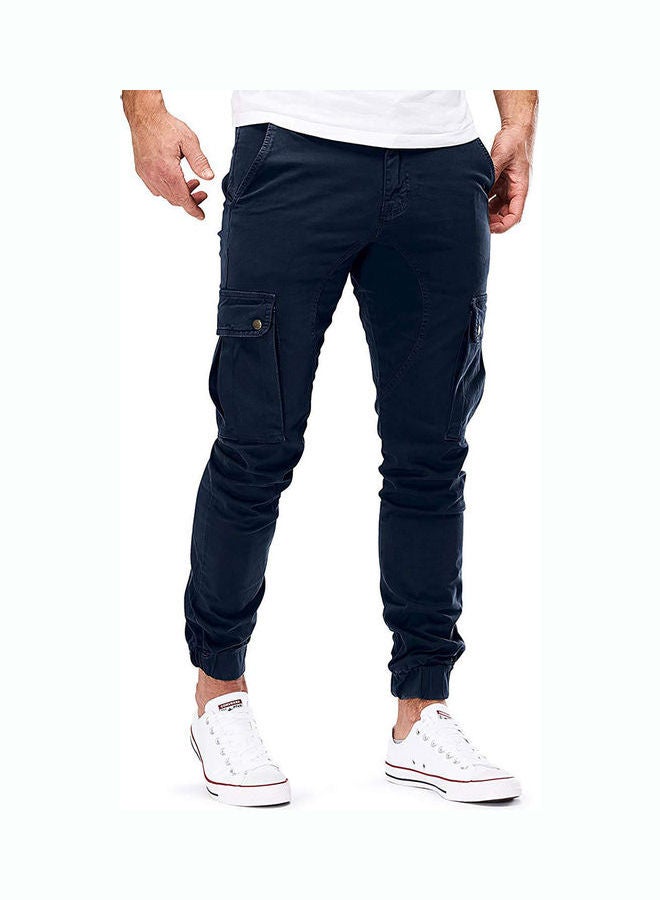 Men Fashion Elasticated Slim Fit Casual Multi-Pocket Long Sport Jeans Work Pants Navy Blue  - Image 2