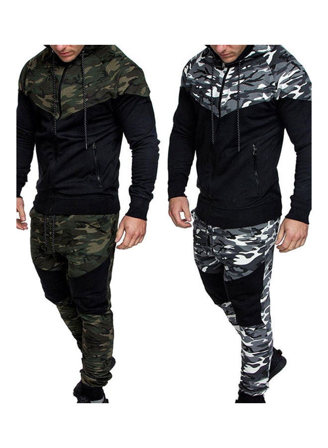 Chic Men Camouflage Print Casual Sport Zipper Hooded Coat Pants Suit Tracksuit Black + Light Gray  - Image 3