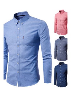 Generic Men Solid Colour Turn Down Collar Long Sleeve Shirt Slim Button Pocket Work Top Gray  - Image 4