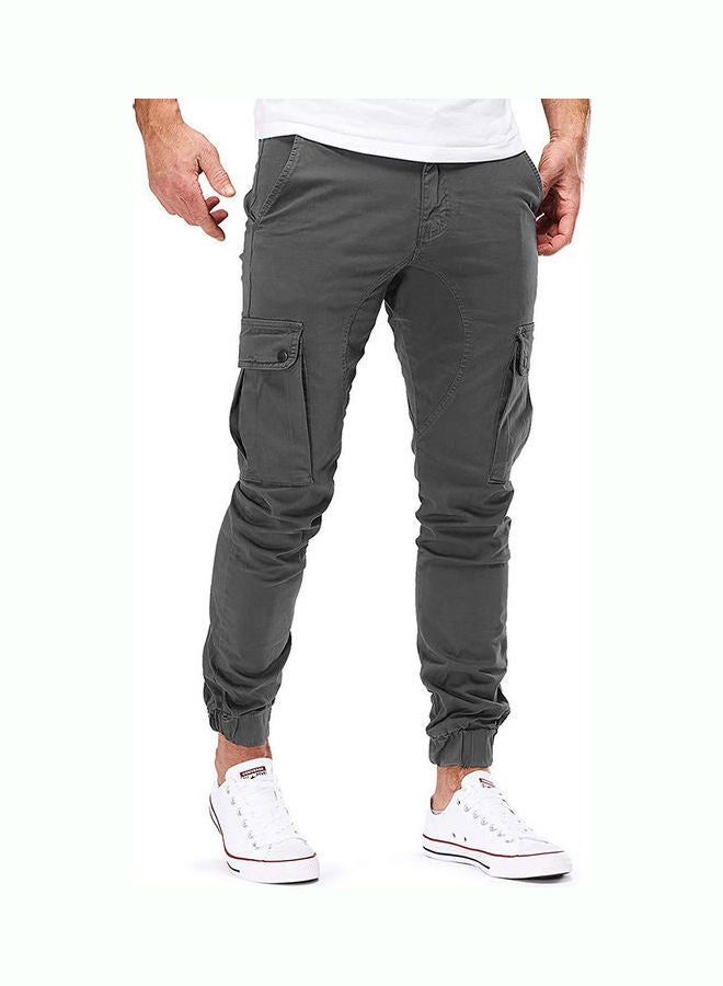 Men Fashion Elasticated Slim Fit Casual Multi-Pocket Long Sport Jeans Work Pants Dark Gray - Image 2