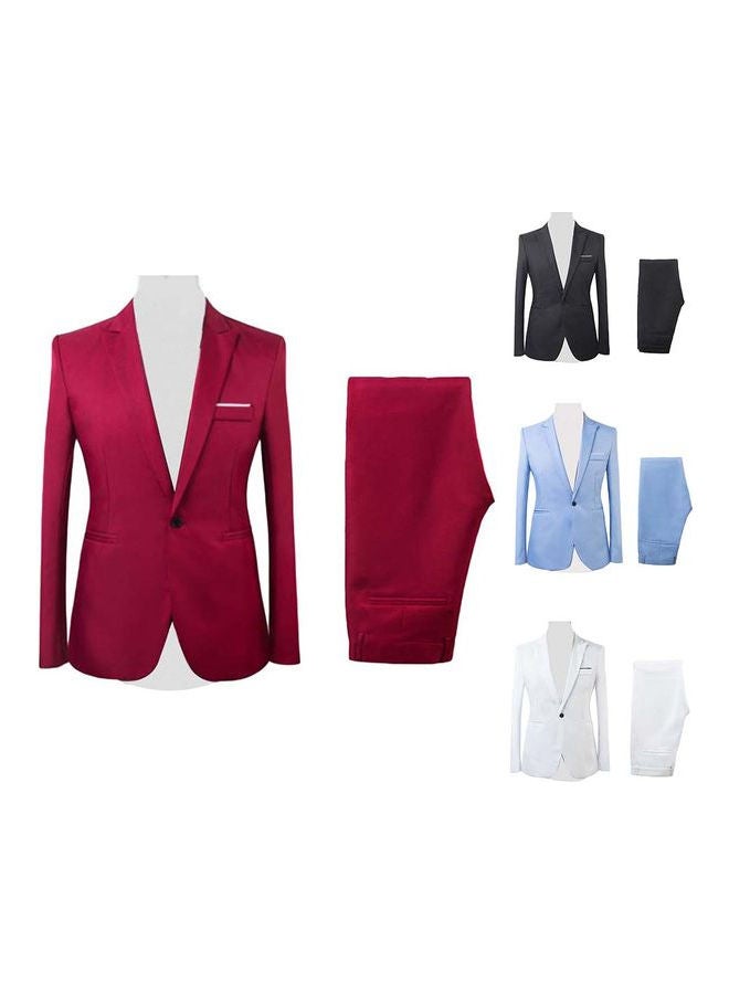 2pcs/Set Men Formal Business Party Solid Colour Long Sleeve Blazer Suit Pants Wine Red - Image 2