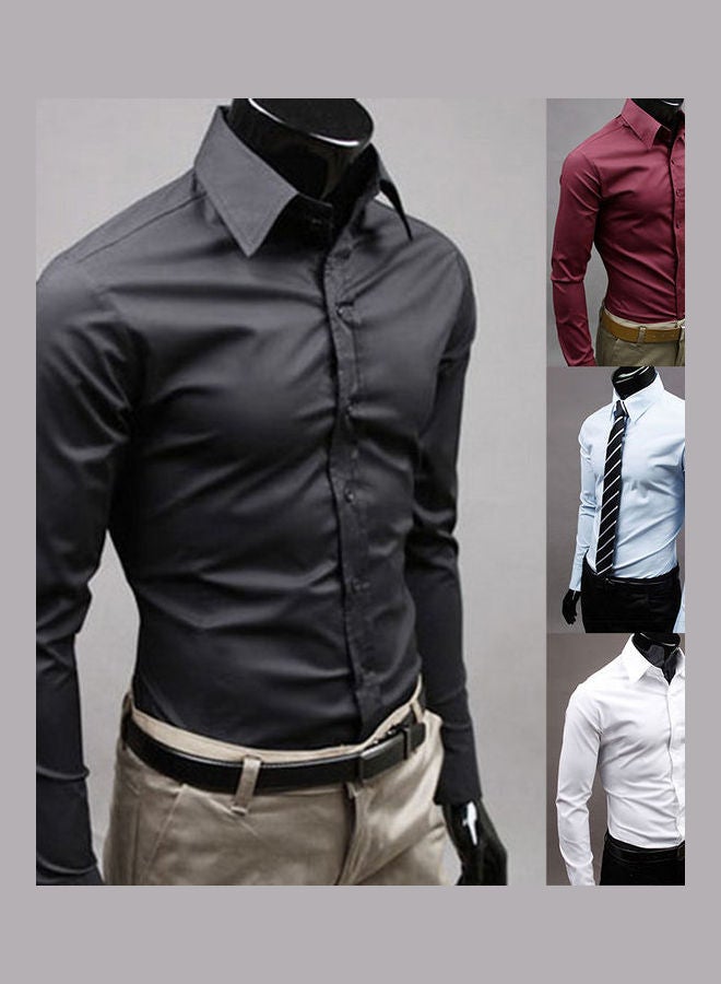 قميص سادة رجالي بقصة ضيقة وأكمام طويلة وأزرار وياقة مطوية للأسفل أسود - Image 2