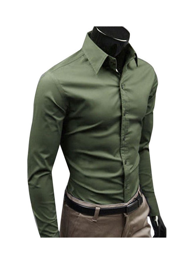 Fashion Men Solid Colour Slim Fit Long Sleeve Button Turn Down Collar Shirt Top Army Green  - Image 1